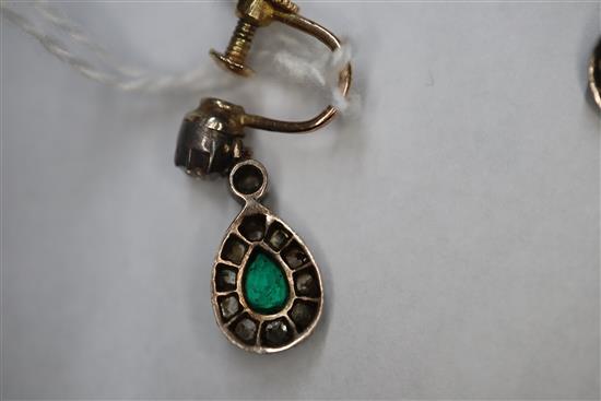 A pair of 19th century, yellow and white metal, emerald and diamond drop earrings, 17mm.